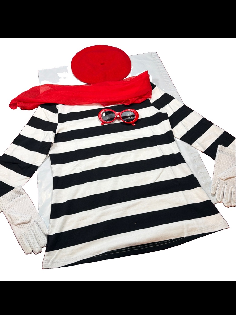 French Artist Robber Mime Costume Striped Shirt Red Beret Scarf Gloves Glasses M